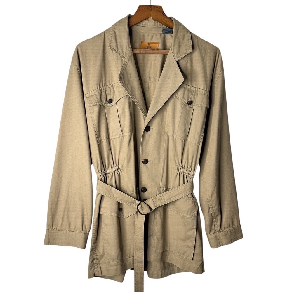 VTG Lizwear Womens Khaki Tan Cotton Safari Utility Jacket Belted Epaulets Size L